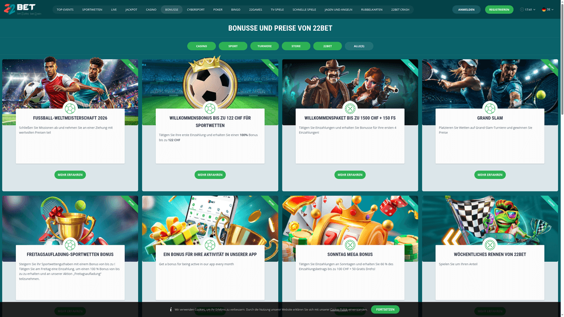 22Bet Bonusseite mit Sportwetten-Willkommensbonus und Reload-Aktionen