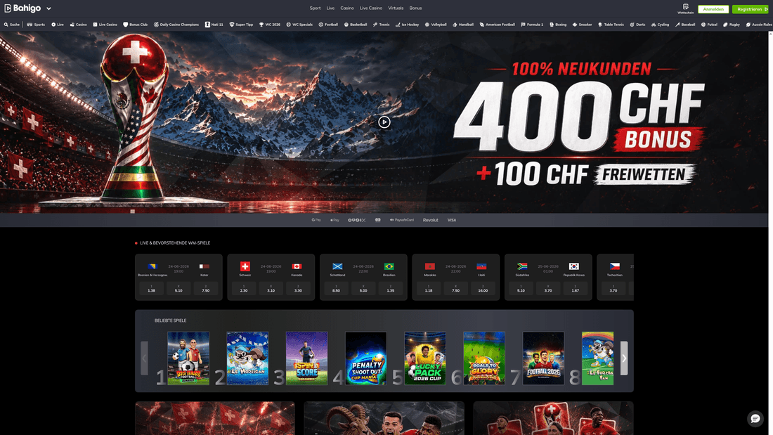 Bahigo Startseite mit Willkommensbonus 400 CHF plus 100 CHF Freiwetten