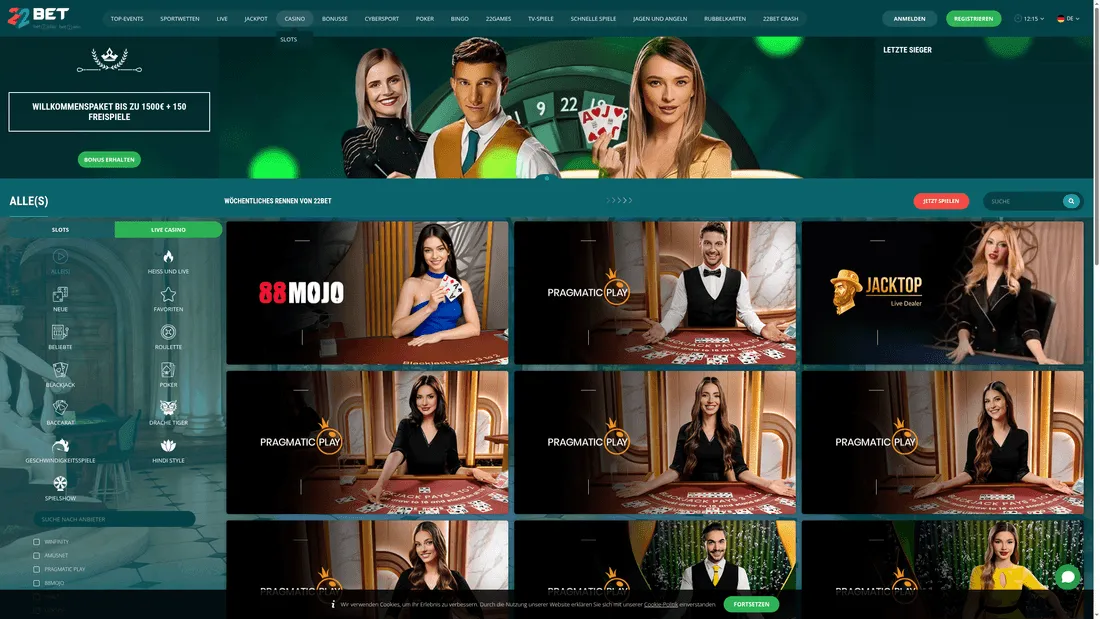 22Bet Casino-Lobby mit Spielkategorien