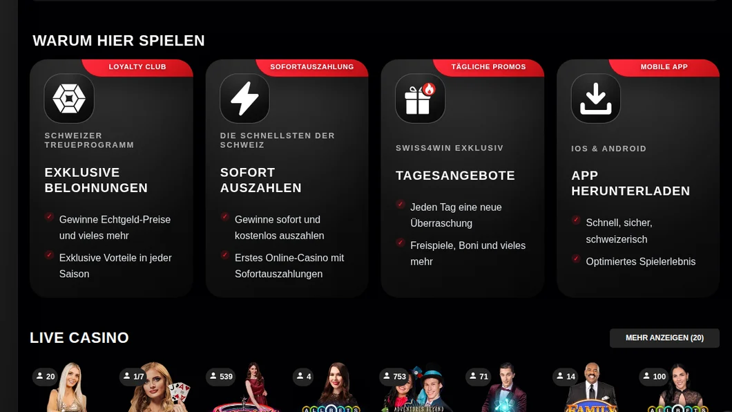 swiss4win.ch wirbt mit Sofortauszahlungen ohne Gebühren