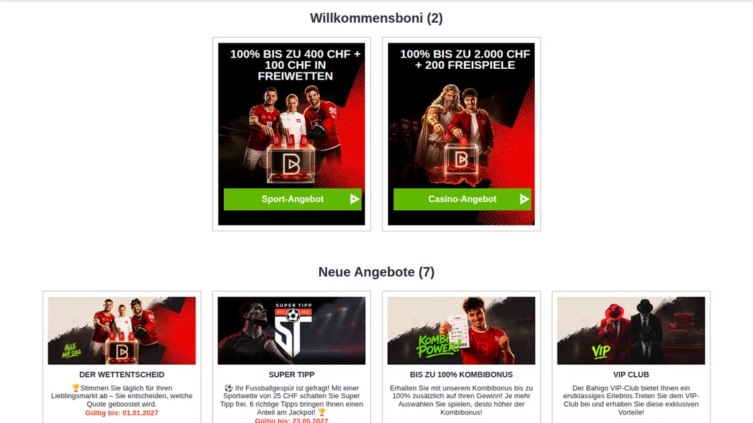 Bahigo Bonusseite mit Sport- und Casino-Willkommensbonus nebeneinander