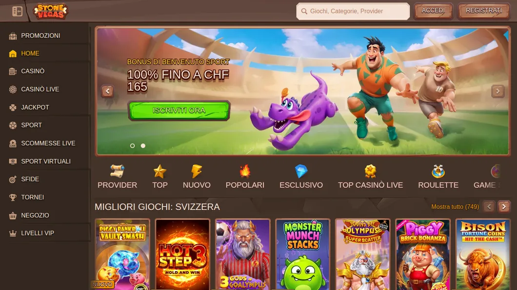 StoneVegas Startseite mit Bonus-Banner und Spieleauswahl für die Schweiz