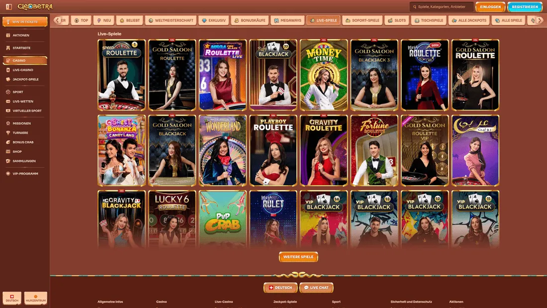 Cleobetra Live-Casino mit Roulette und Blackjack