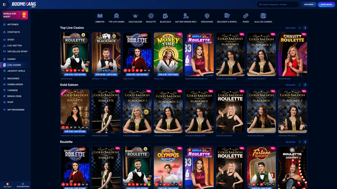 Live-Spiele von Evolution in einer Casino-Lobby