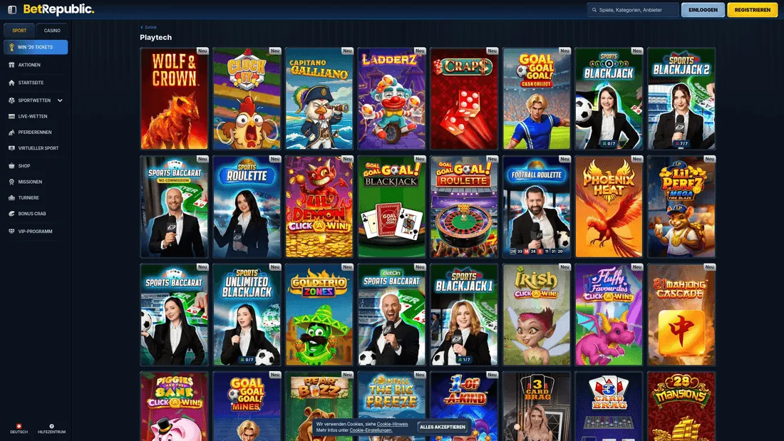 Playtech-Spiele in einer Casino-Lobby