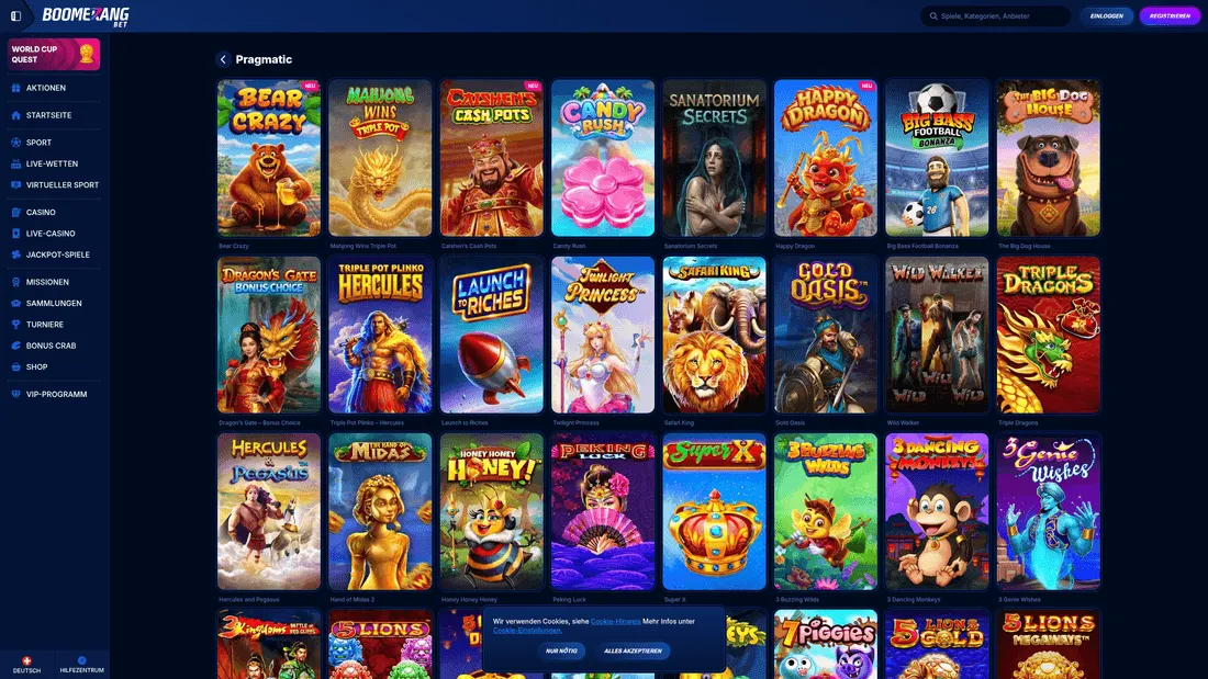 Spiele von Pragmatic Play in einer Casino-Lobby