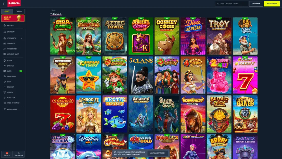 Spiele von Yggdrasil in einer Casino-Lobby
