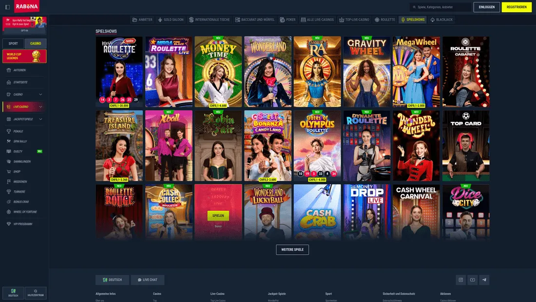 Rabona Game-Show-Bereich im Live-Casino