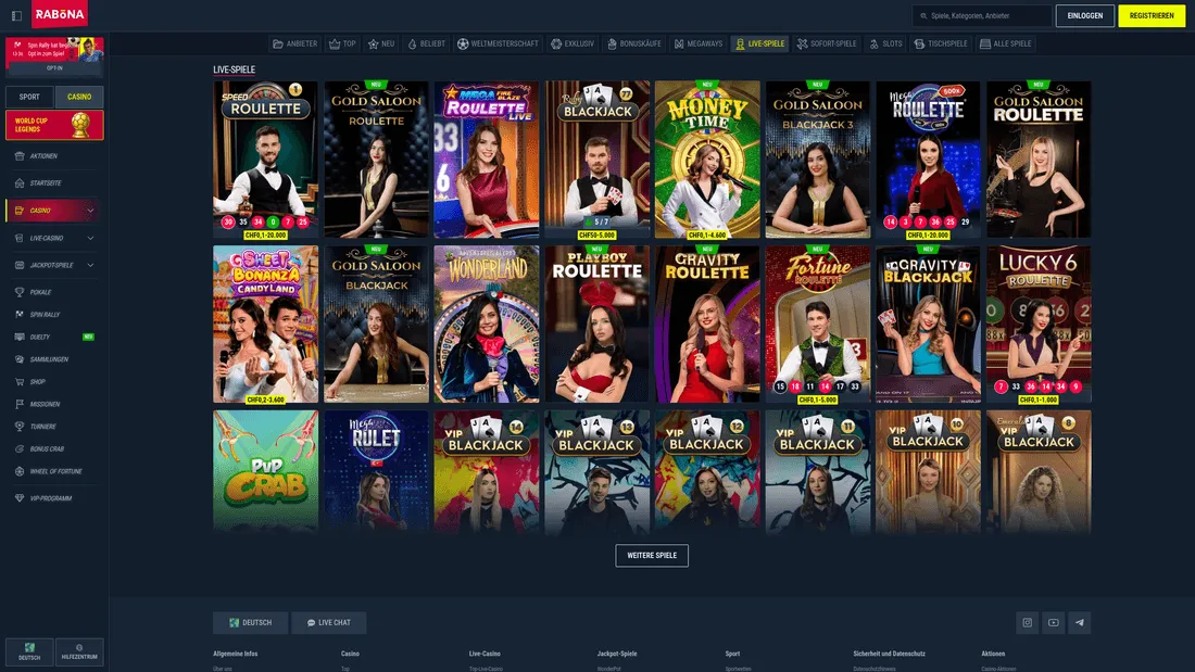 Rabona Live-Casino mit Roulette- und Blackjack-Tischen und Einsatzspannen in CHF