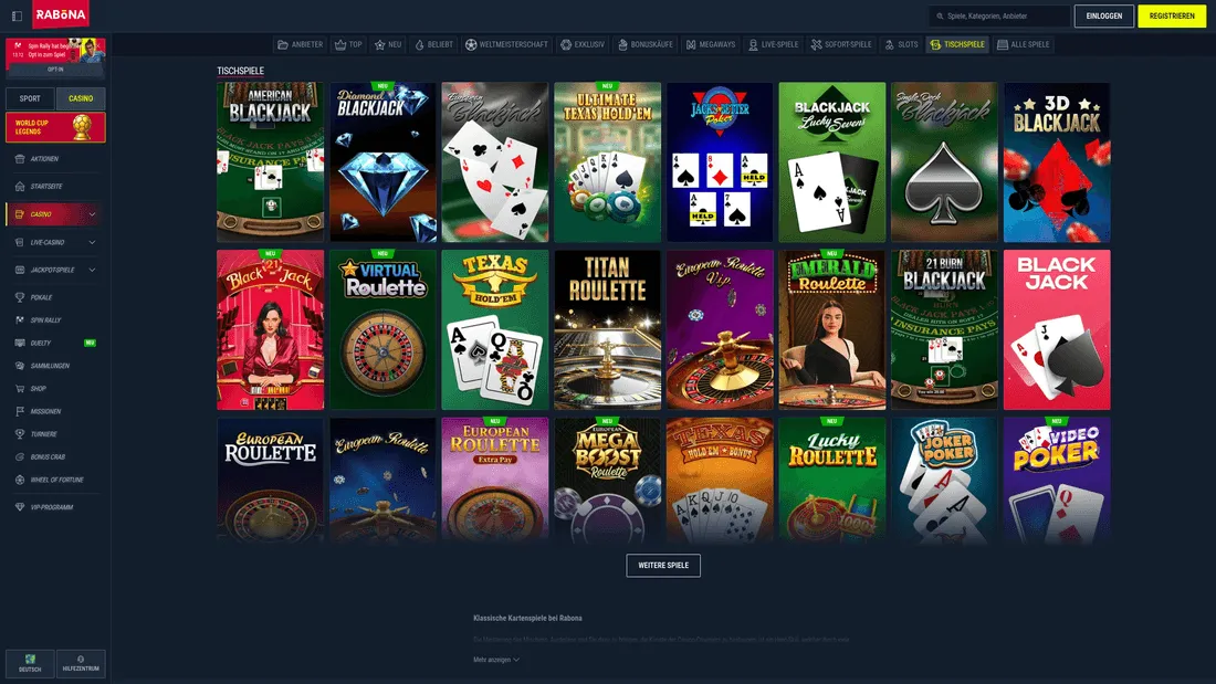 Rabona Tischspiele mit Roulette- und Blackjack-Varianten