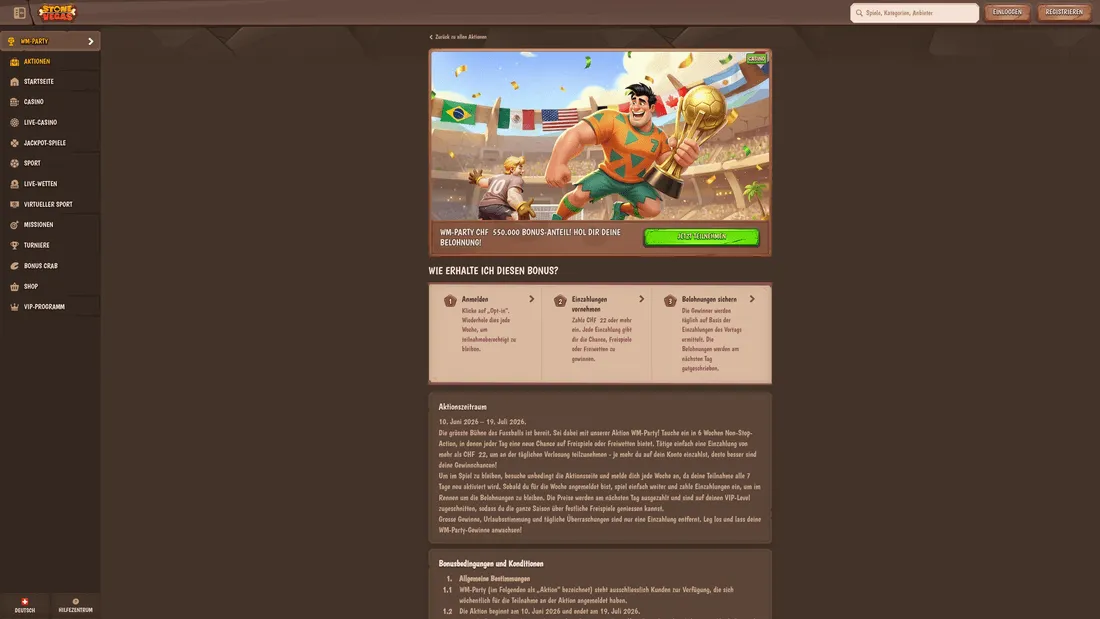 StoneVegas Casino-Lobby mit Slot-Kategorien für Schweizer Spieler
