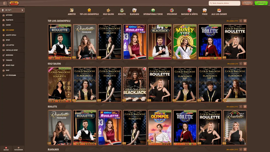 StoneVegas Live-Casino mit Roulette- und Blackjack-Tischen