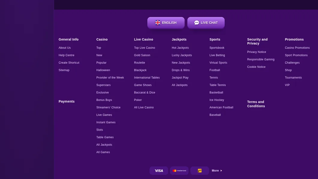 Footer eines Online-Casinos mit den Zahlungsarten Visa und Mastercard und Link zu weiteren Methoden