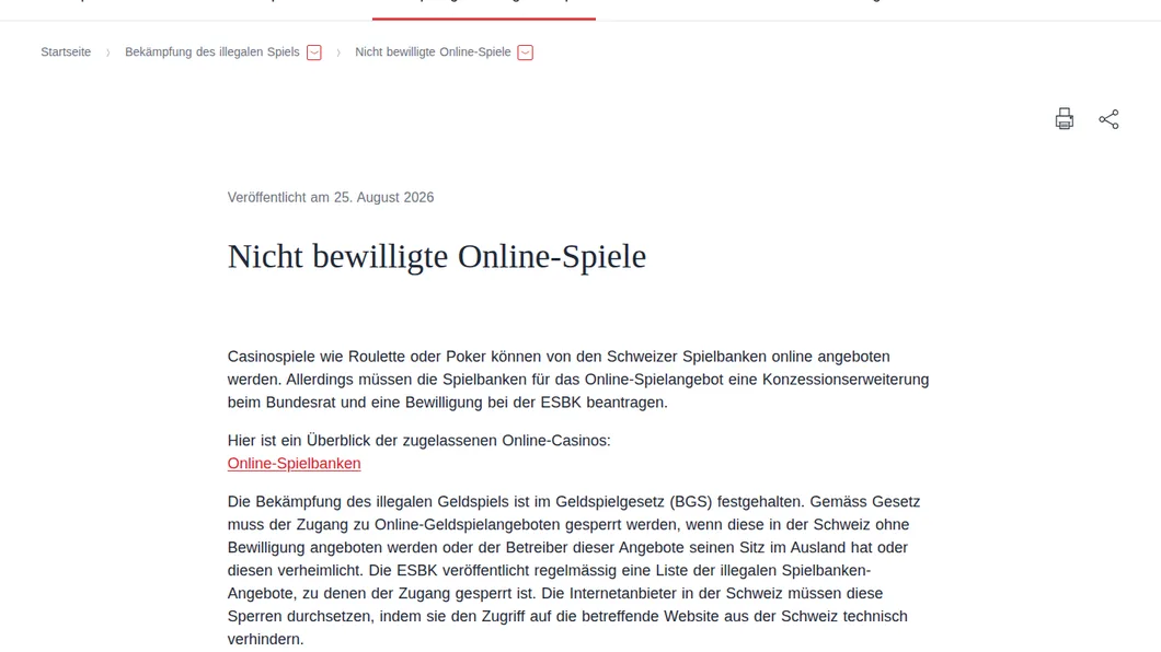 ESBK-Seite «Nicht bewilligte Online-Spiele» mit Hinweis auf die Sperrliste