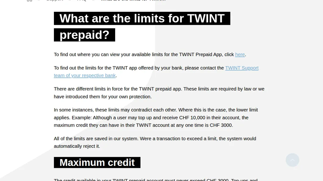 Twint-FAQ zu den Limiten von Twint Prepaid mit maximalem Guthaben von CHF 3000