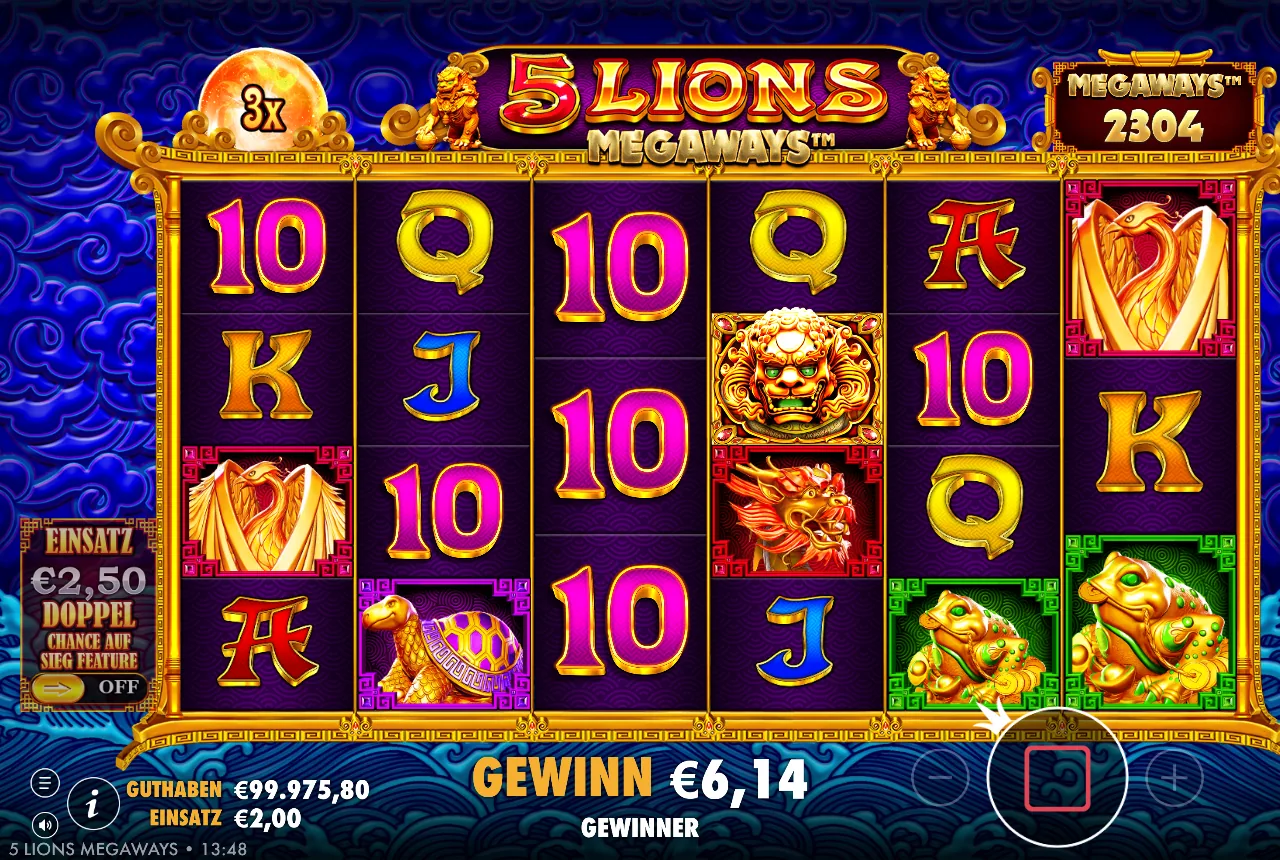 5 Lions Megaways — gewonnene Linie in der Demo