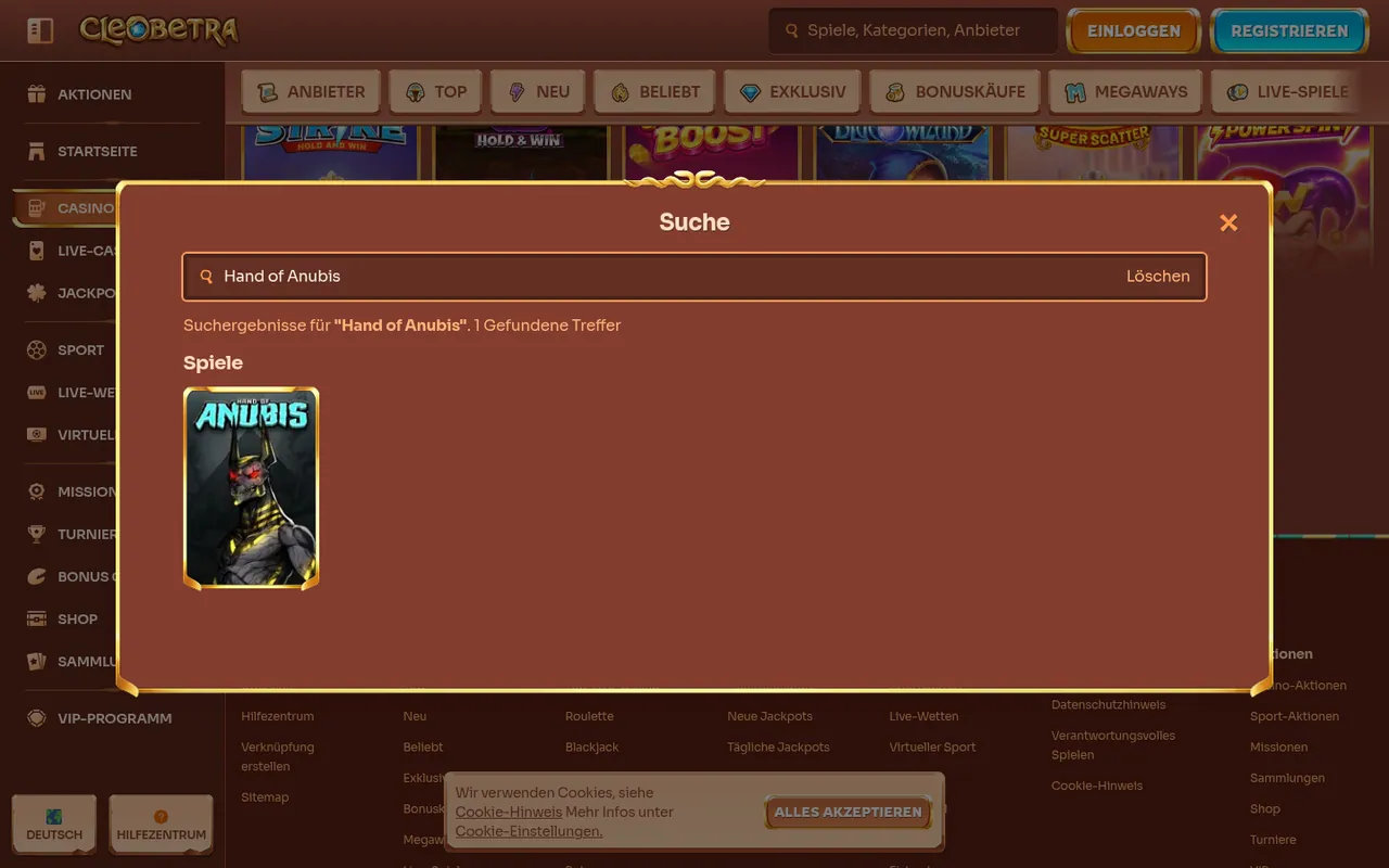 Hand of Anubis — Casino-Lobby