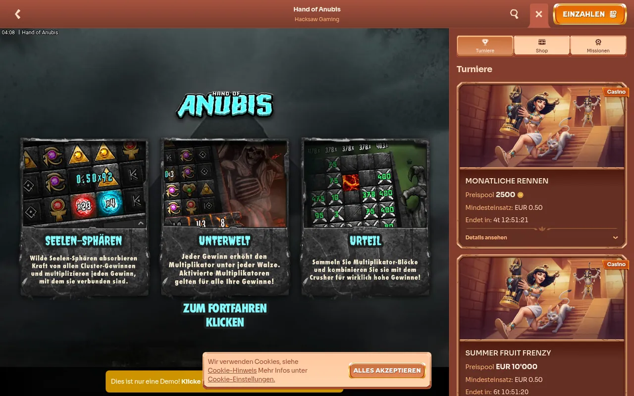 Hand of Anubis — Startbildschirm
