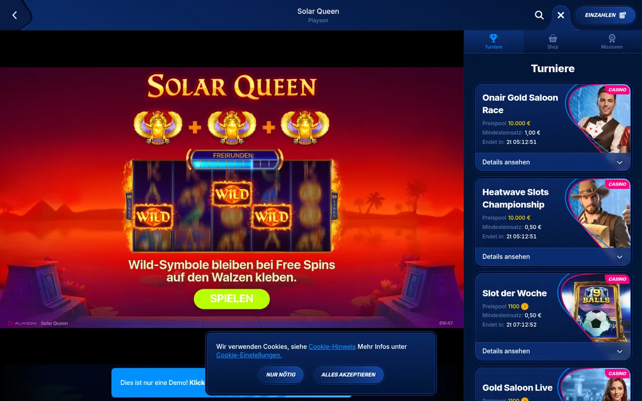 Solar Queen Playson — Startbildschirm