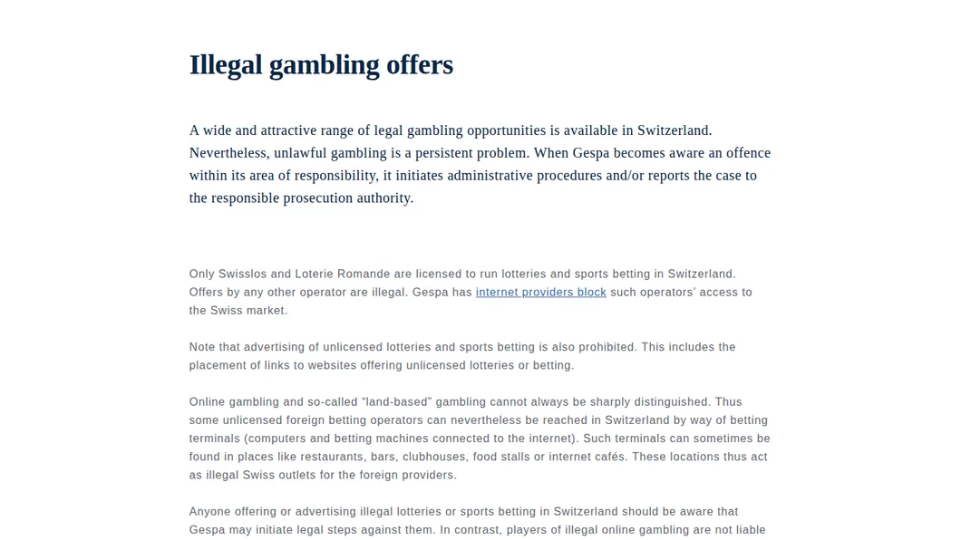 GESPA-Seite zu illegalen Geldspielangeboten: nur Swisslos und Loterie Romande bewilligt