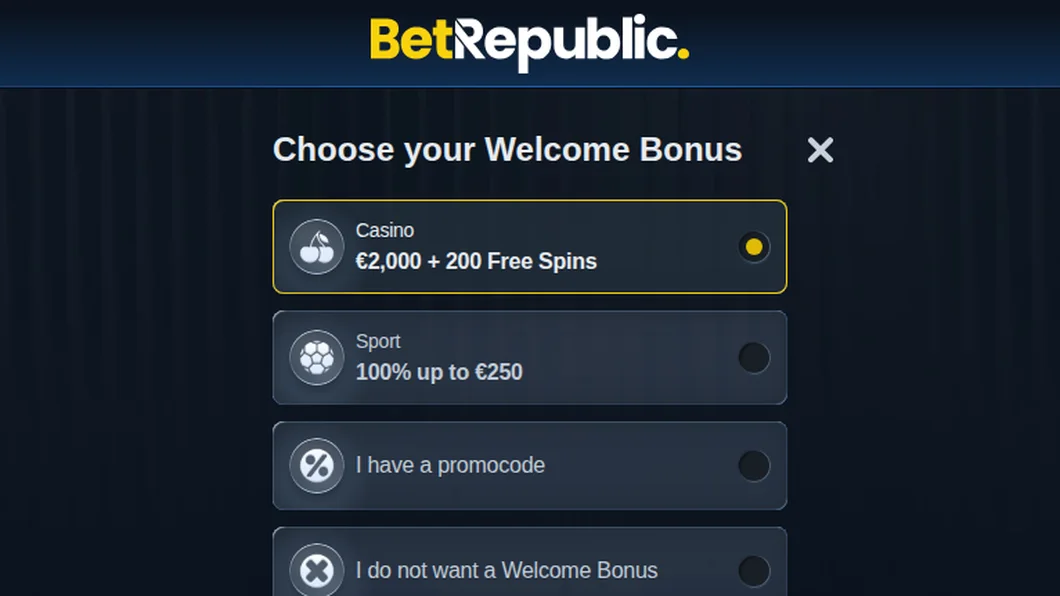 BetRepublic Auswahl des Willkommensbonus: Casino, Sport, Promocode oder kein Bonus