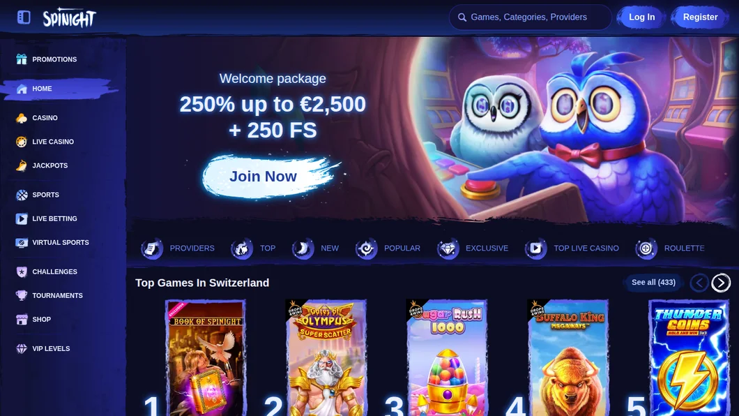 Spinight Startseite mit Willkommenspaket und Top-Spielen für die Schweiz