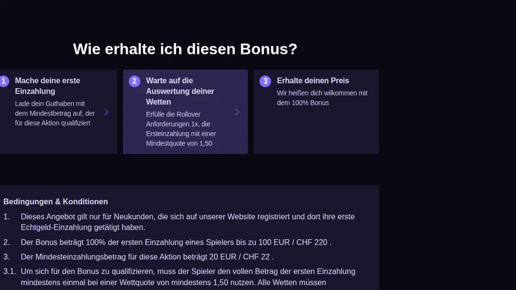 Bonusbedingungen eines Anbieters, dokumentiert beim Aufruf aus der Schweiz
