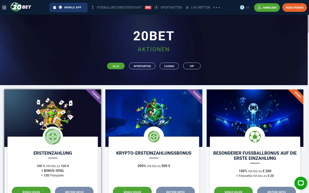 20Bet Bonus und Aktionen
