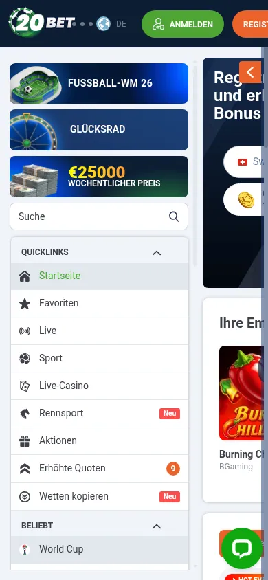 20Bet mobile Ansicht