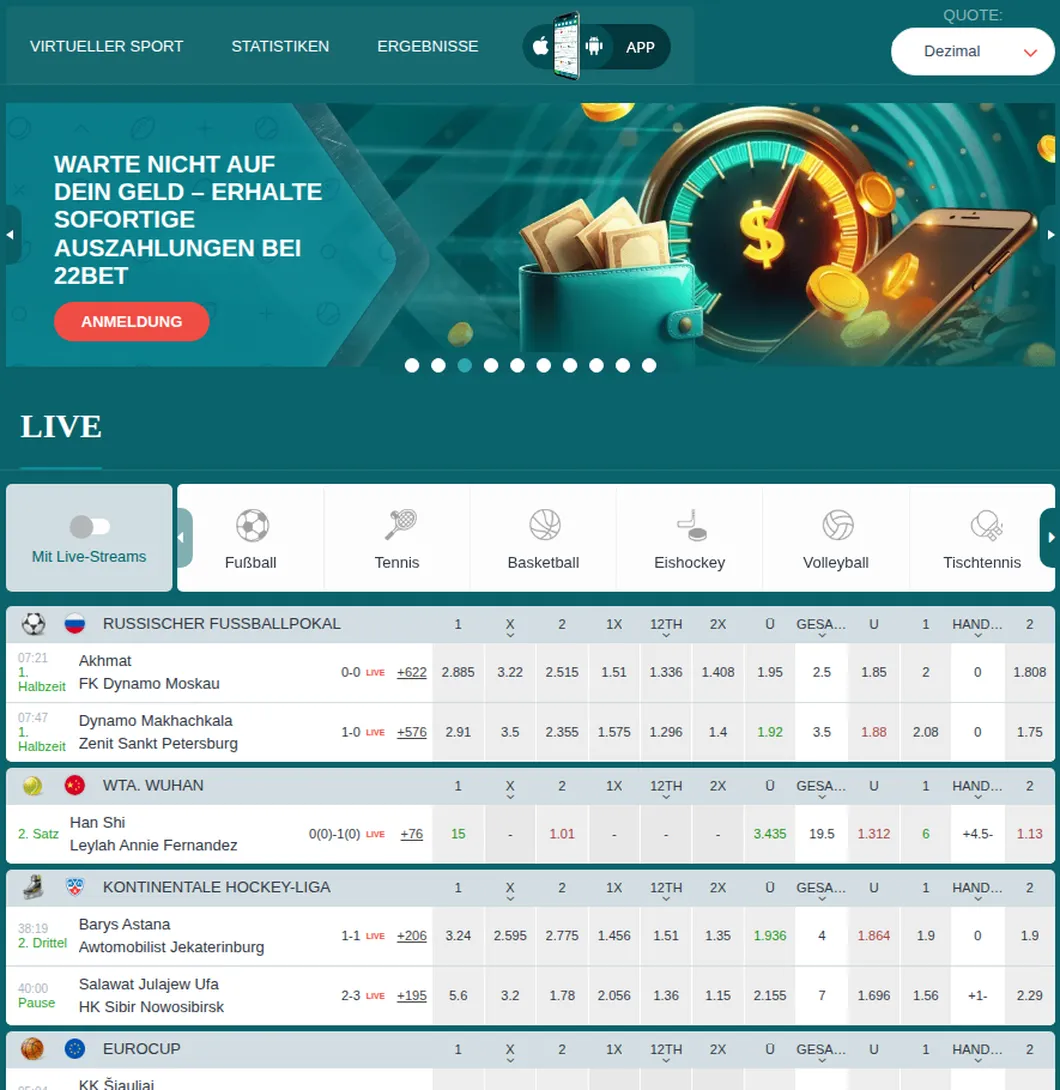 22Bet Startseite mit Navigation, Banner zu schnellen Auszahlungen und Live-Wetten mit vielen Märkten pro Spiel