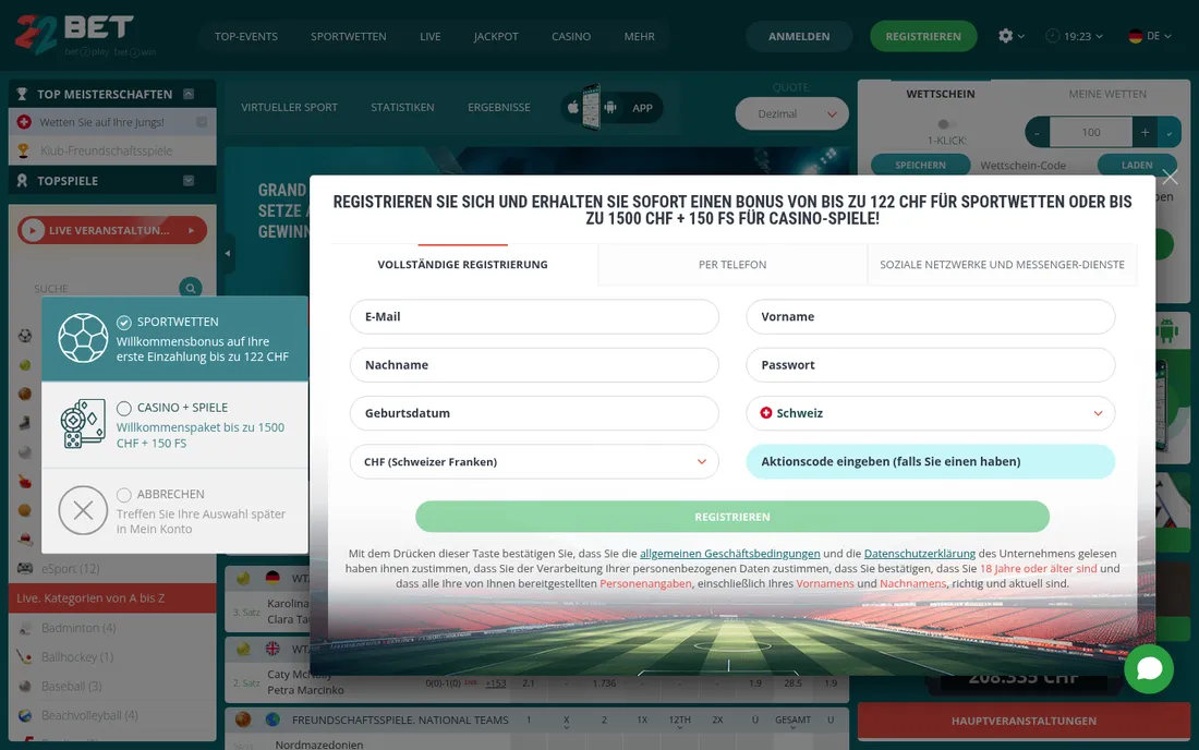 22Bet Registrierung