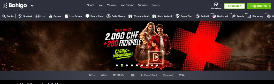 Bahigo Startseite mit Casino-Willkommensbonus 100 Prozent bis 2000 CHF und 200 Freispielen