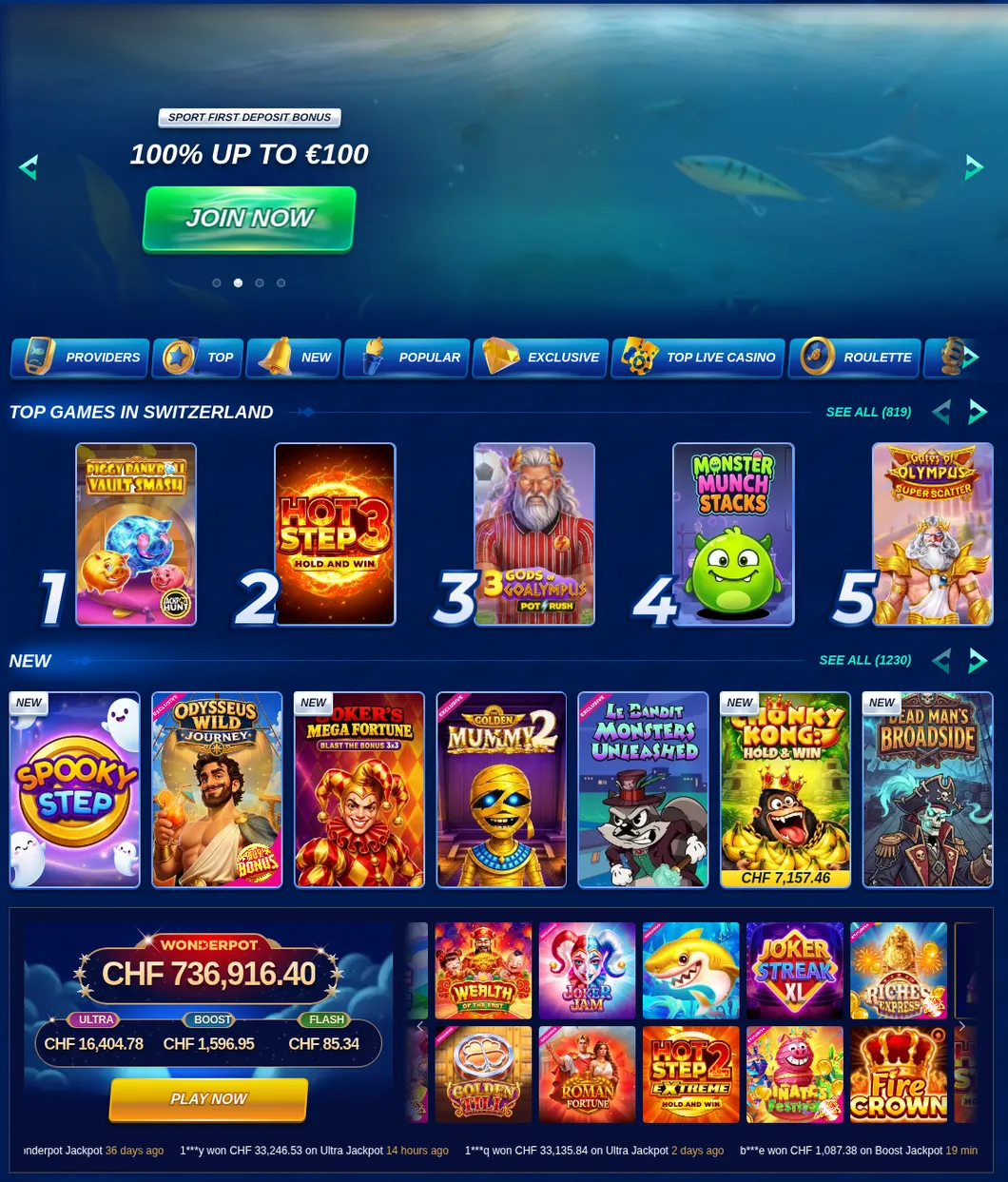 Bassbet Startseite mit Go-Fishing-Banner, Sport-Bonus, Top-Spielen der Schweiz und WonderPot