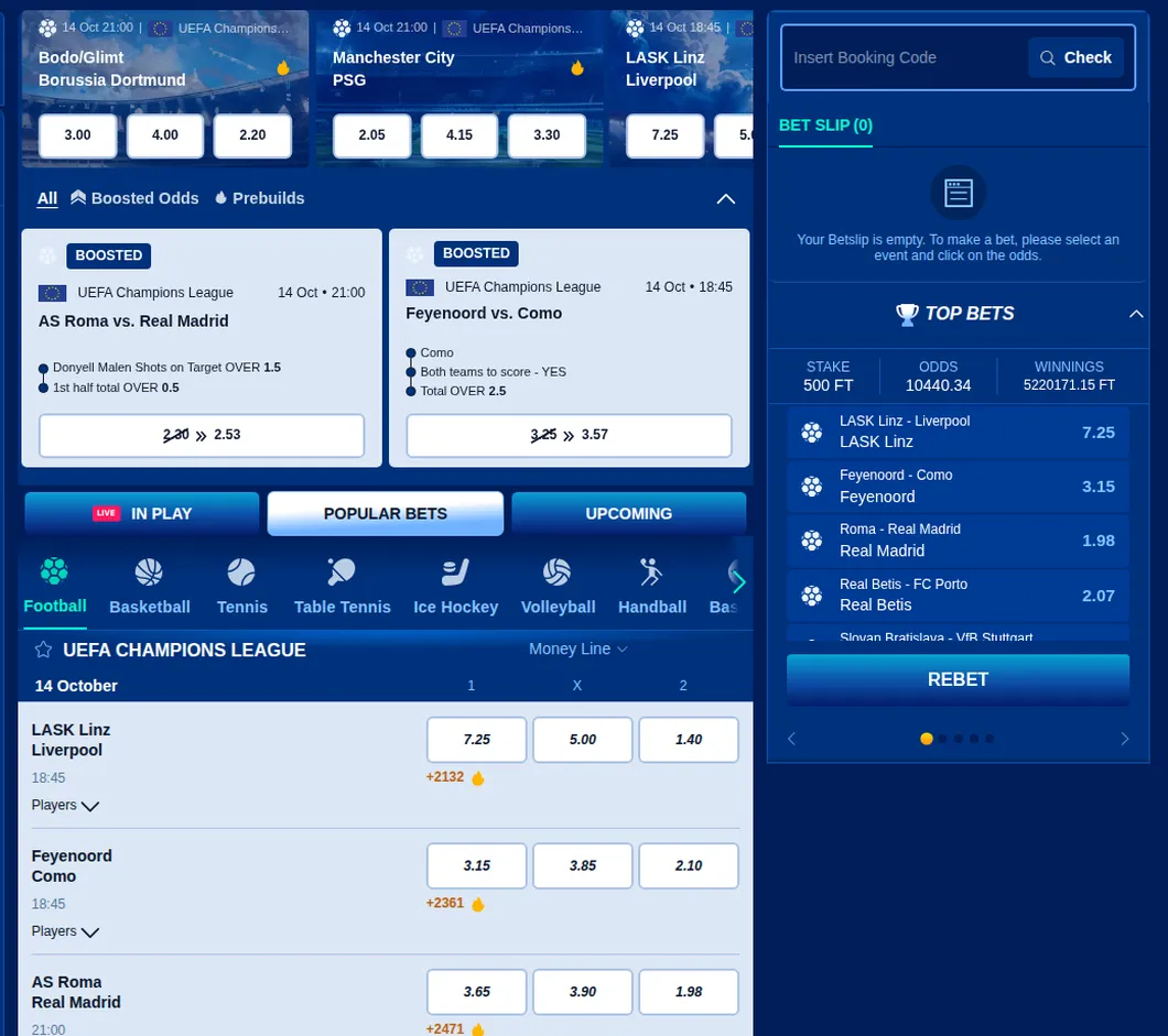 Bassbet Wettbereich mit Boosted Odds, Prebuilds, Champions-League-Quoten und Wettschein mit Buchungscode