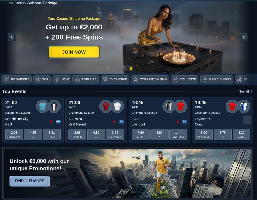 BetRepublic Startseite mit Casino-Willkommenspaket, Top Events der Champions League und Promotions-Banner