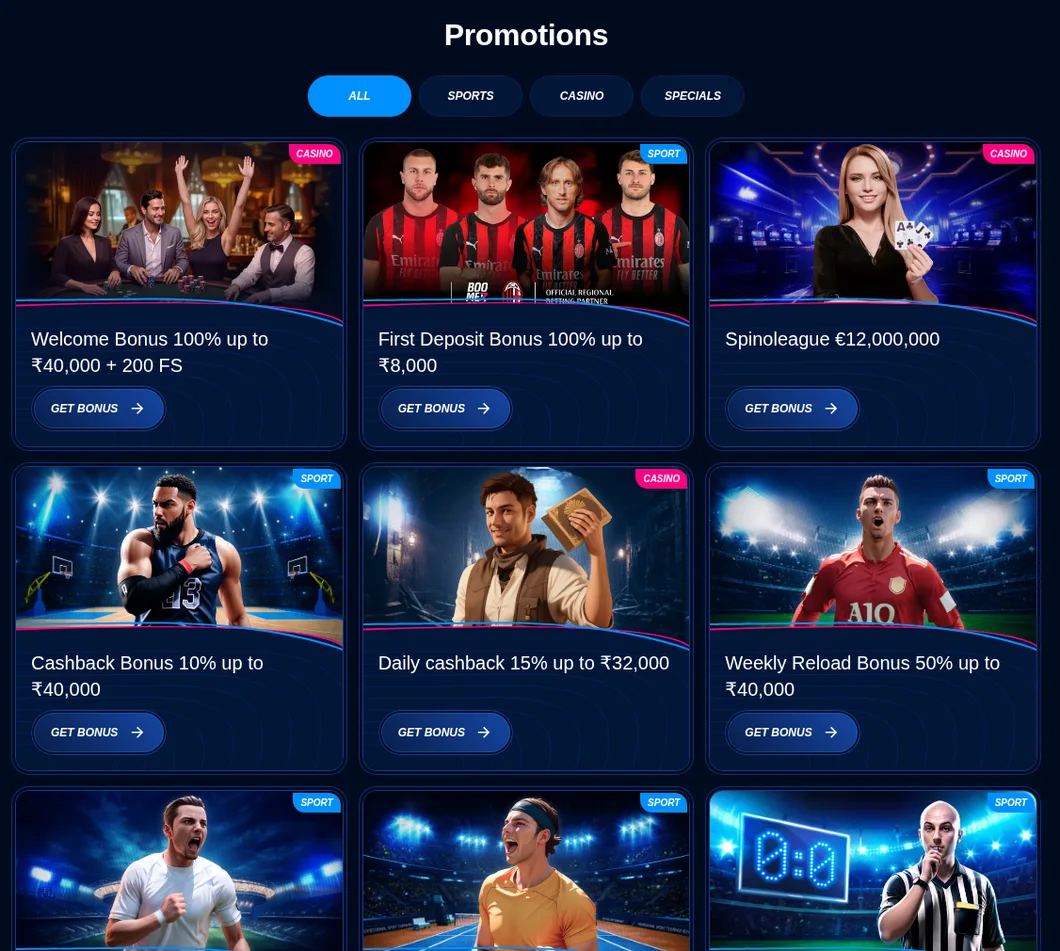 Boomerang Bet Aktionsseite mit Sport- und Casino-Aktionen