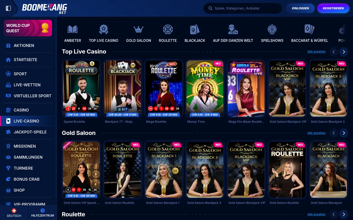 Boomerang Bet Live-Casino mit echten Dealern