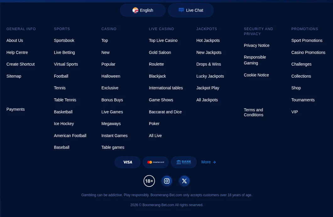 Boomerang Bet Footer mit allen Bereichen von Sport bis Jackpots