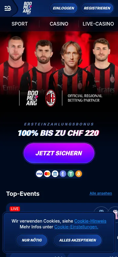 Boomerang Bet im mobilen Browser (Smartphone-Ansicht)