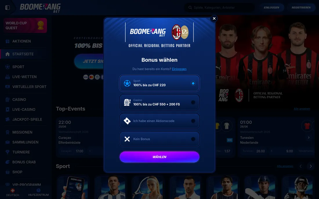Boomerang Bet Registrierung — Bonus wählen
