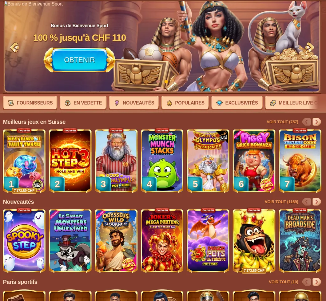 Cleobetra Startseite mit Ägypten-Design, Sport-Bonus-Banner und den besten Spielen in der Schweiz