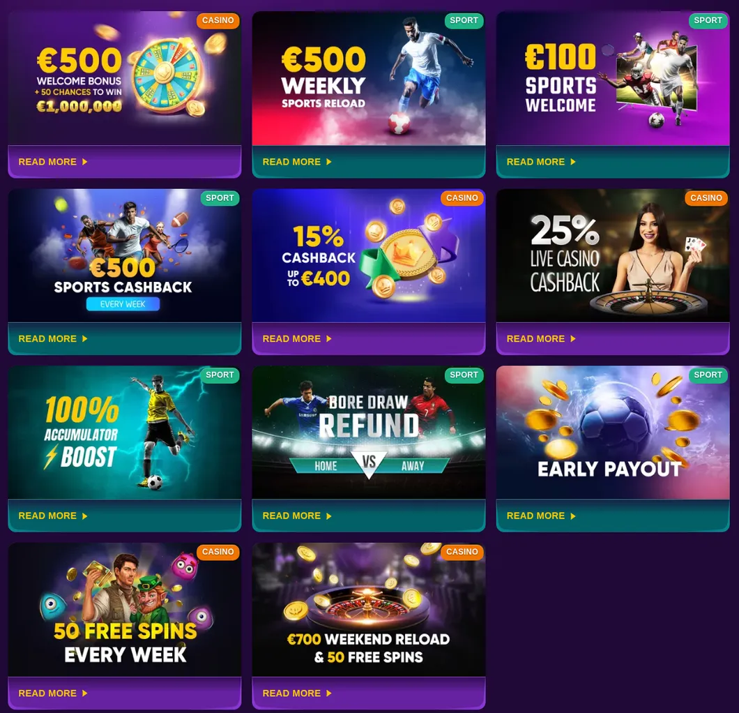 Kingmaker Aktionsseite mit Sport- und Casino-Aktionen wie Weekly Reload, Cashback, Accumulator Boost und Early Payout