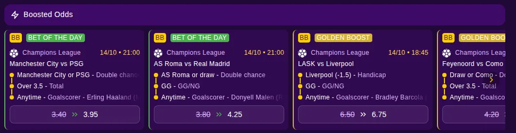 Kingmaker Boosted Odds mit Bet of the Day und Golden Boost auf Champions-League-Spiele