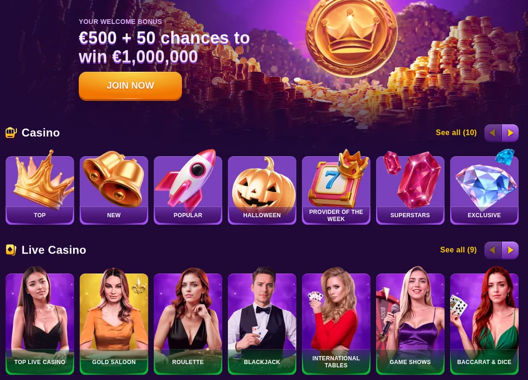 Kingmaker Startseite mit Seitenleiste, Willkommensbonus, Casino- und Live-Casino-Kategorien