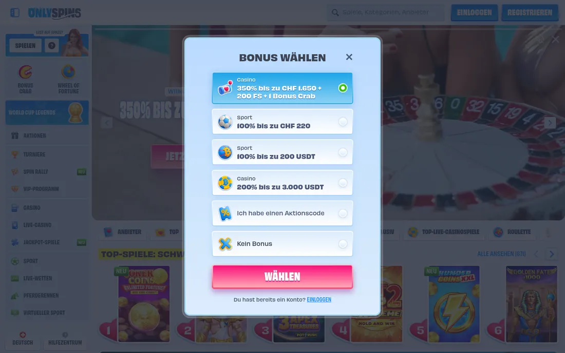 OnlySpins Registrierung