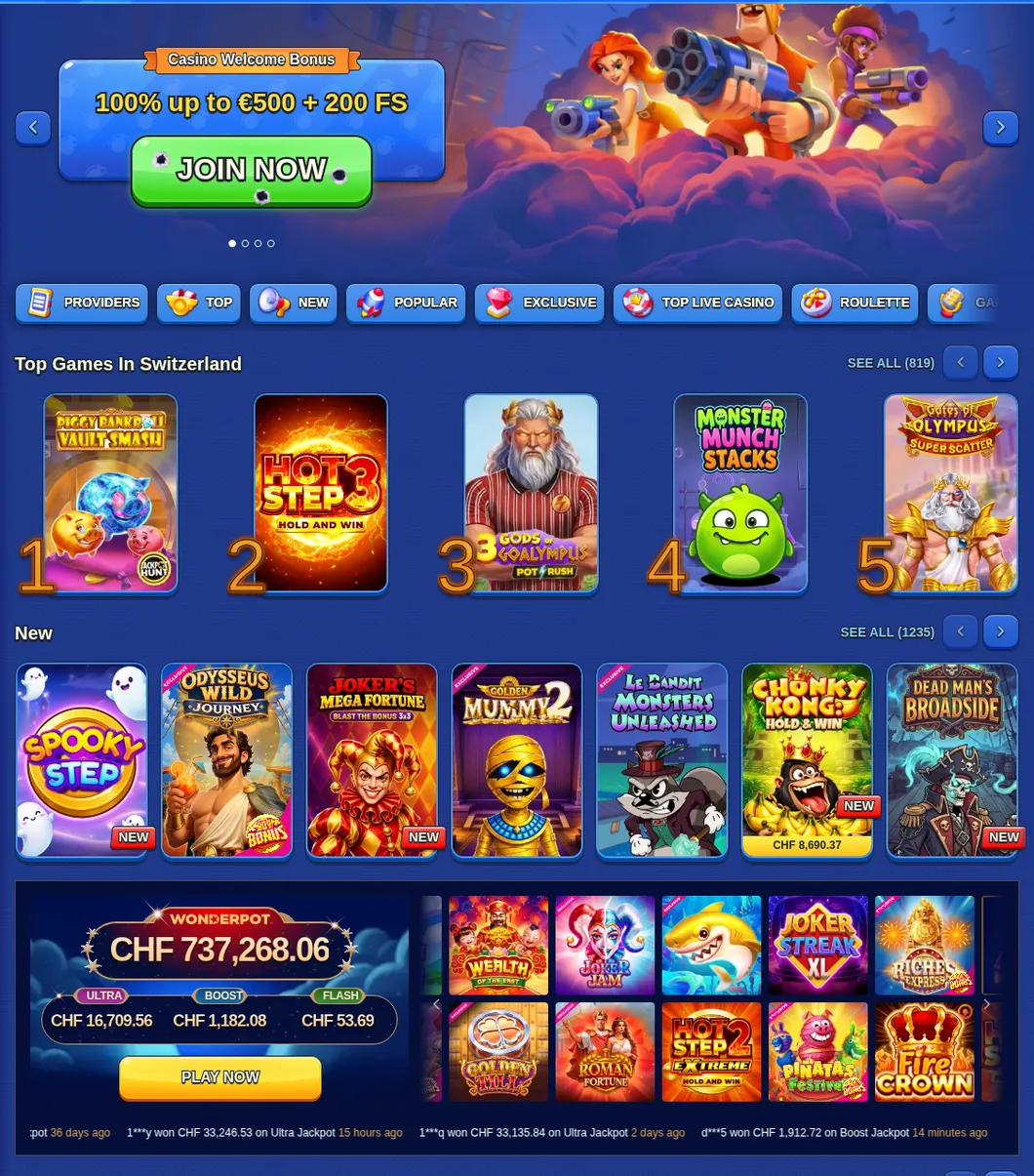 Pistolo Startseite mit Casino-Willkommensbonus, Top-Spielen der Schweiz, WonderPot und Sportarten