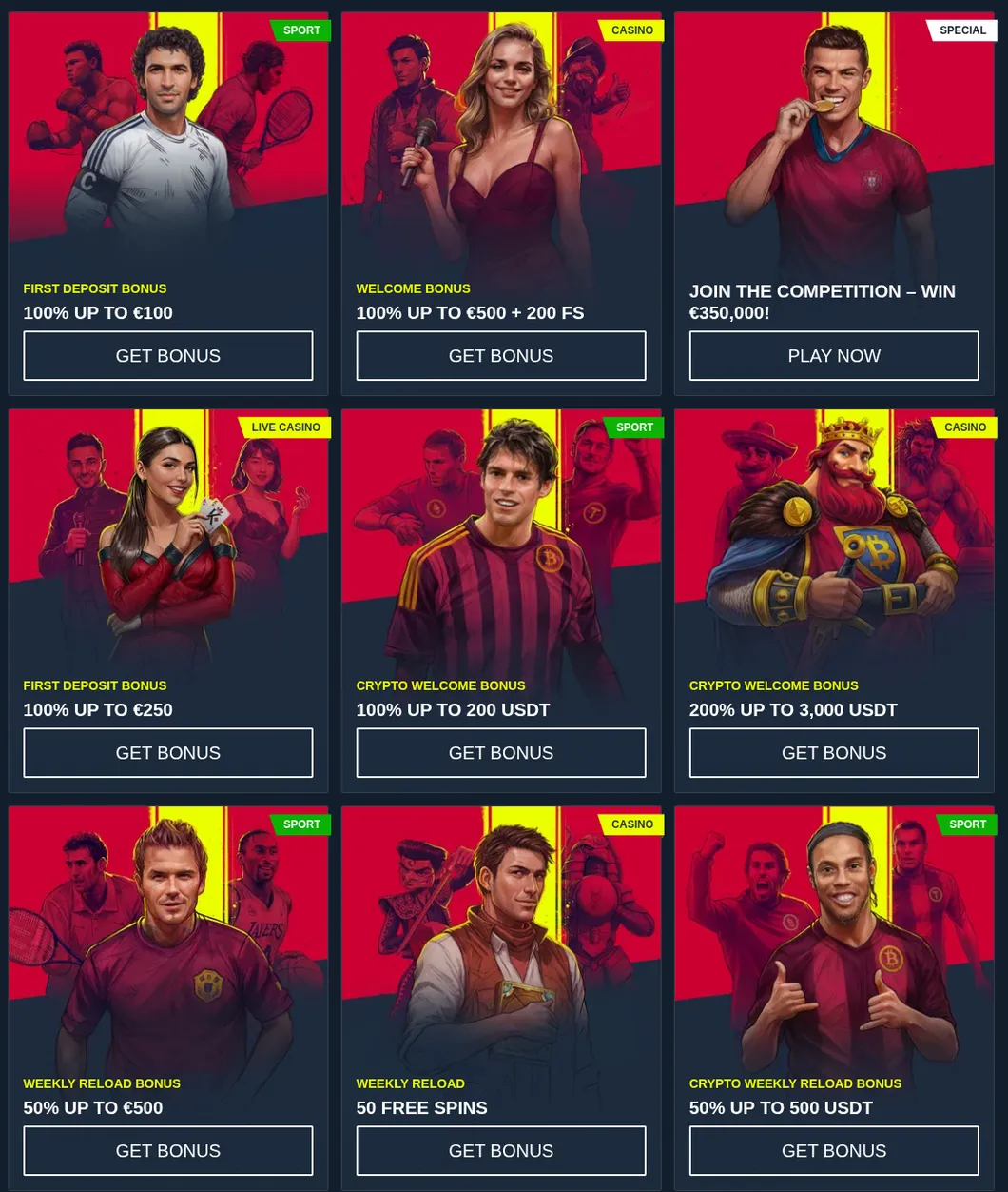 Rabona Aktionsseite mit Sport-, Casino-, Live-Casino- und Krypto-Boni
