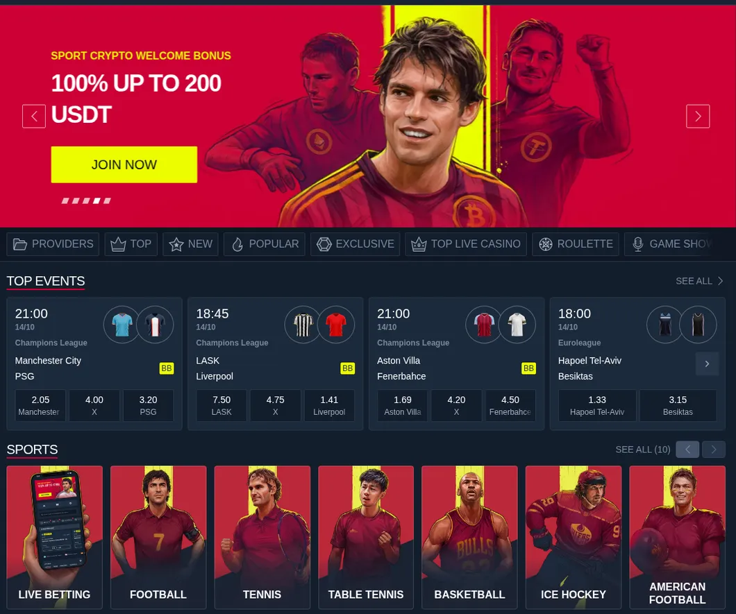 Rabona Startseite mit Krypto-Willkommensbonus, Top Events der Champions League und Sportarten