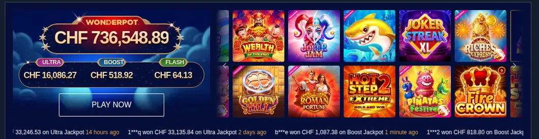 Rabona WonderPot Jackpot mit Stufen Ultra, Boost und Flash in CHF