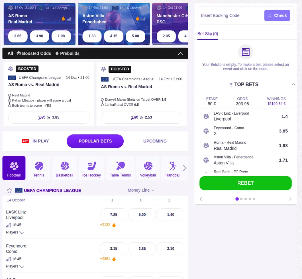 Robocat Wettbereich mit Boosted Odds, Prebuilds, Money Line und Wettschein